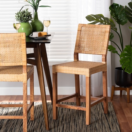 Baxton Studio Lesia Modern Bohemian Natural Brown Rattan and Walnut Brown Mahogany Wood Counter Stool 212-12814-ZORO